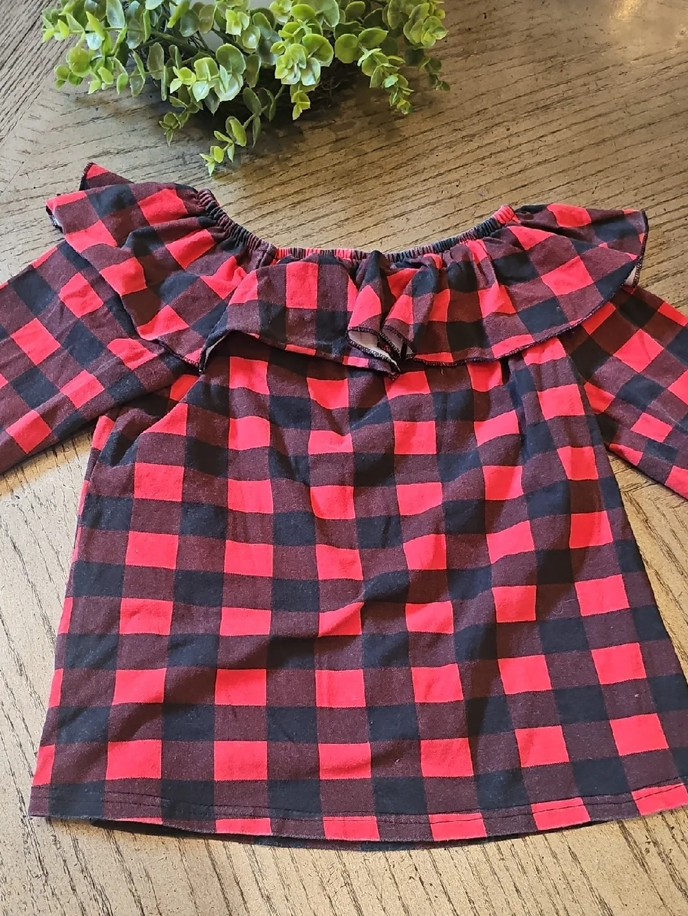 Girls' Red & Black Buffalo Plaid Ruffle Neck Top Size 16